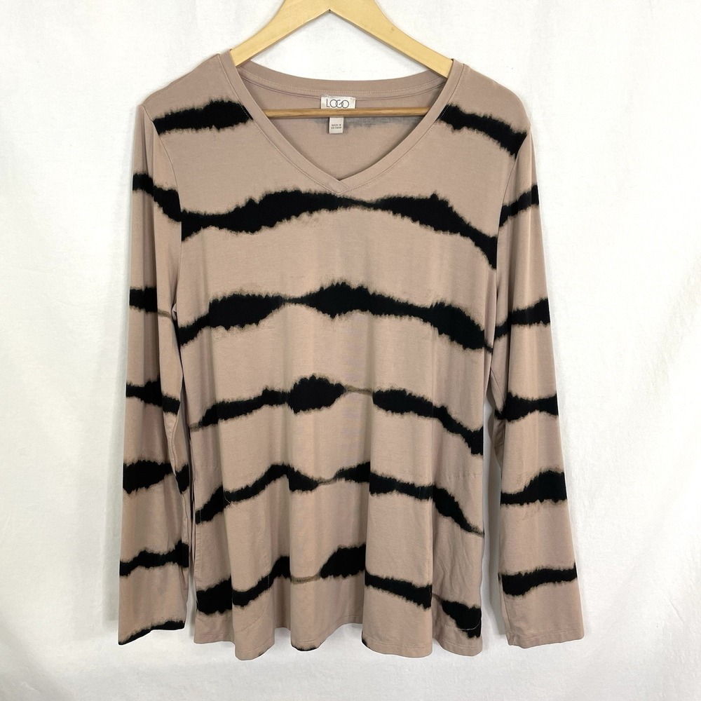 LOGO Lori Goldstein Top Womens Large L Beige Tan Striped V-Neck Tunic Pockets